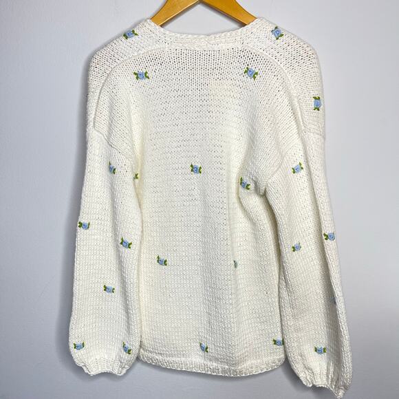 Fanm Mon Winter Bloom Blue Rose Cotton Cardigan Handmade New size XS/S Ivory - Picture 11 of 13